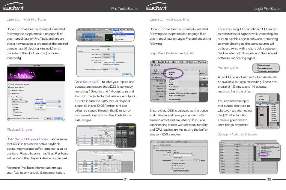 Operation with pro tools, Operation with logic pro | Audient iD22 User Manual | Page 18 / 25
