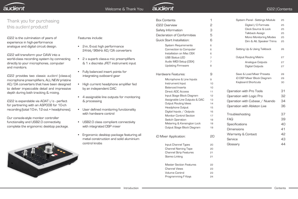 Product, Aud ient, Id22 | contents | Audient iD22 User Manual | Page 2 / 25