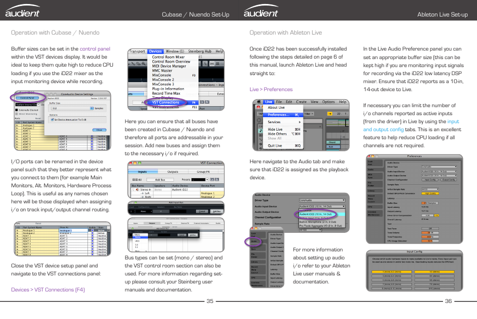 Operation with ableton live, Ableton live set-up operation with ableton live | Audient iD22 User Manual | Page 20 / 25