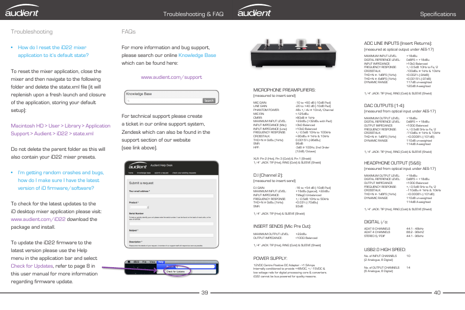 Specifications, Troubleshooting & faq troubleshooting, Faqs | Microphone preamplifiers, Adc line inputs (insert returns), Dac outputs (1-4), Headphone output (5&6), Insert sends (mic pre out) | Audient iD22 User Manual | Page 22 / 25