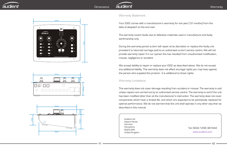 Dimensions, Warranty & contact, Warranty warranty statement | Warranty limitations, Aud ient | Audient iD22 User Manual | Page 23 / 25