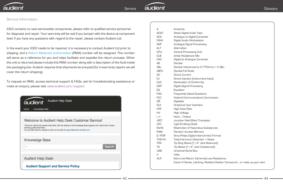 Service 43 glossary, Service information, Service glossary | Audient iD22 User Manual | Page 24 / 25