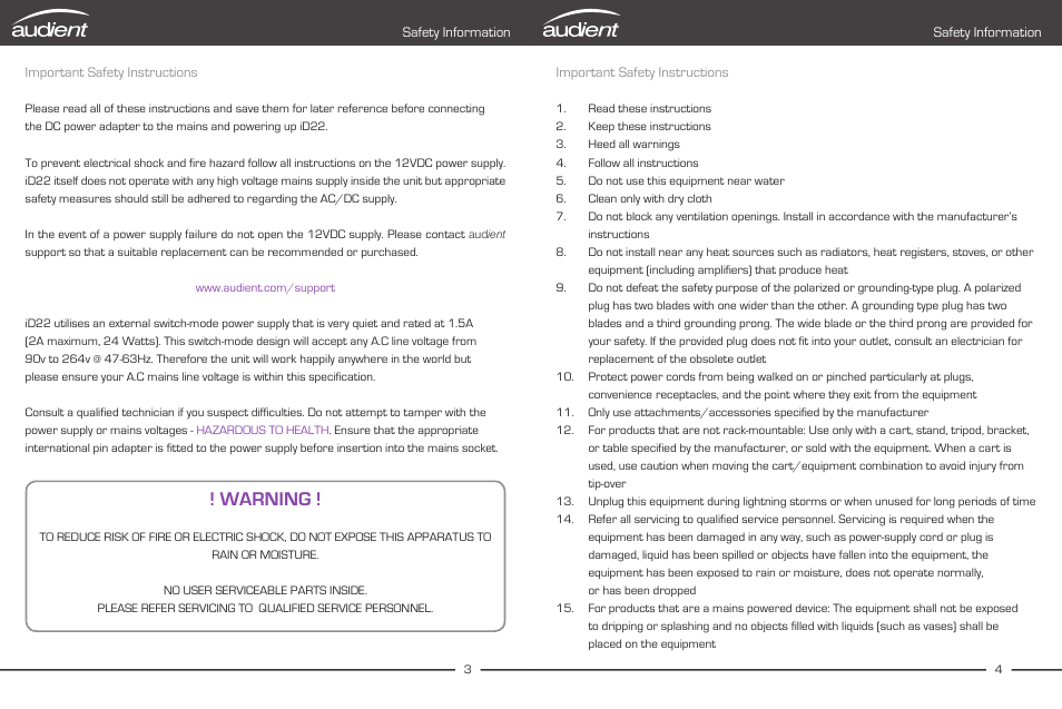 Safety, Information, Warning | Important safety instructions, Safety information | Audient iD22 User Manual | Page 4 / 25