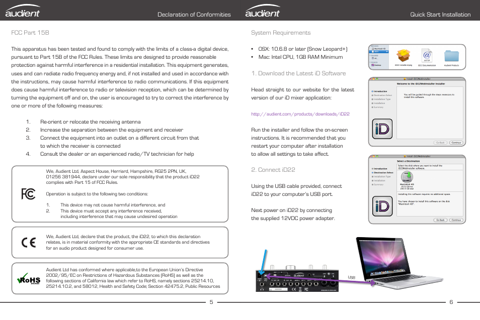 Declaration of conformities, Quick start installation, System requirements | Connection to computer, Installation on mac osx, Fcc part 15b, Quick start installation system requirements, Download the latest id software, Connect id22 | Audient iD22 User Manual | Page 5 / 25