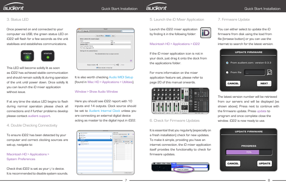 Usb status led, Audio midi setup (osx), Updating firmware | Audient iD22 User Manual | Page 6 / 25