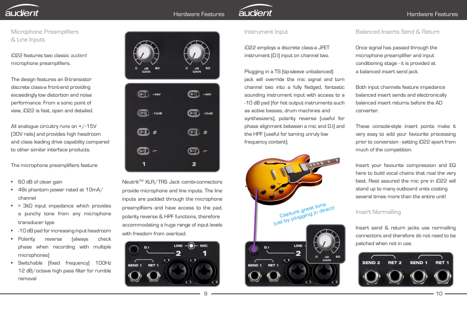 Hardware, Features, Microphone & line inputs | Instrument, Input, Balanced inserts, Hardware features instrument input, Balanced inserts send & return, Insert normalling | Audient iD22 User Manual | Page 7 / 25
