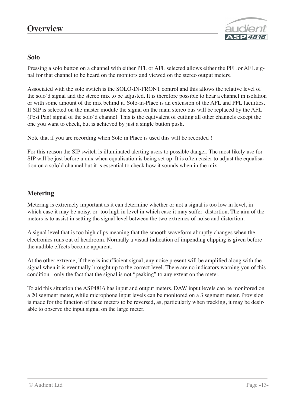 Overview | Audient ASP4816 - Compact Analogue Recording Console User Manual | Page 13 / 51