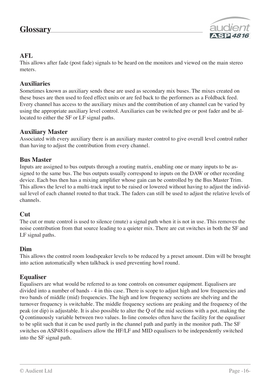 Glossary | Audient ASP4816 - Compact Analogue Recording Console User Manual | Page 16 / 51