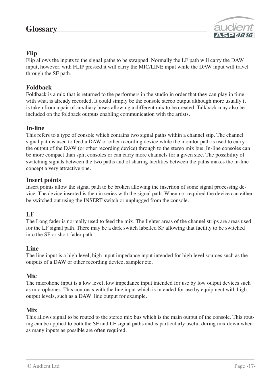 Glossary | Audient ASP4816 - Compact Analogue Recording Console User Manual | Page 17 / 51