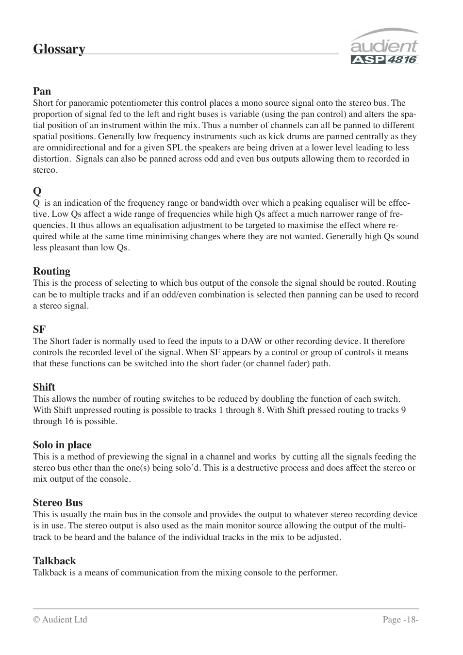 Glossary | Audient ASP4816 - Compact Analogue Recording Console User Manual | Page 18 / 51