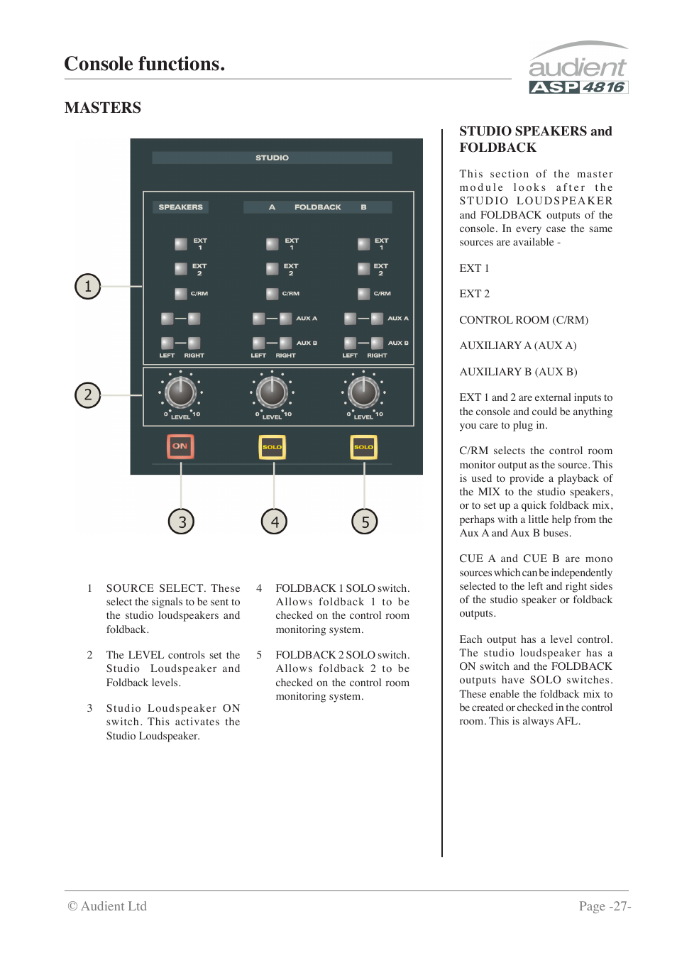 Console functions, Masters | Audient ASP4816 - Compact Analogue Recording Console User Manual | Page 27 / 51