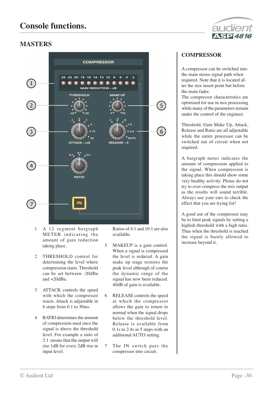 Console functions, Masters | Audient ASP4816 - Compact Analogue Recording Console User Manual | Page 30 / 51