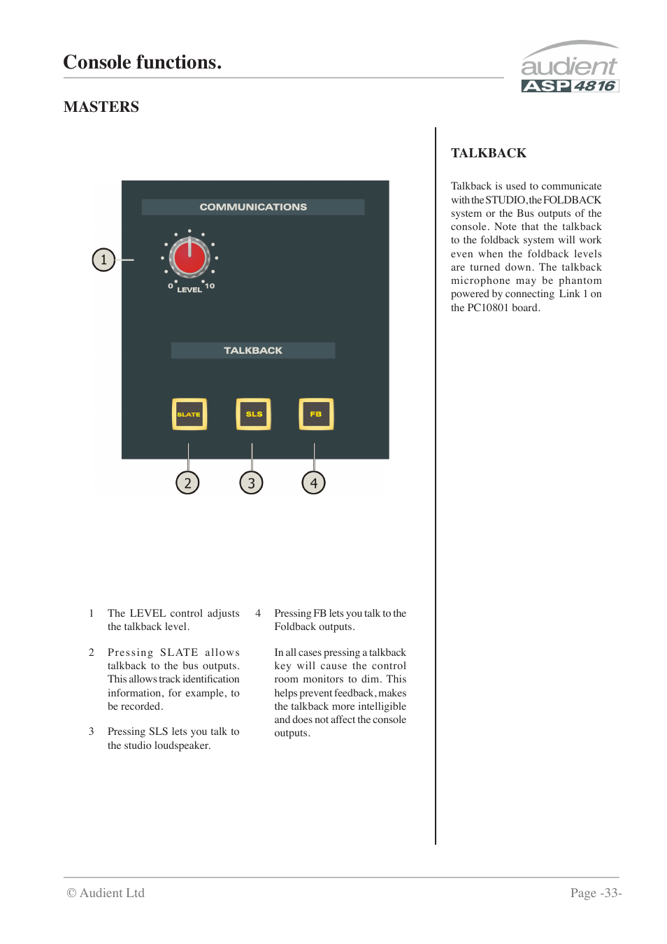 Console functions, Masters | Audient ASP4816 - Compact Analogue Recording Console User Manual | Page 33 / 51