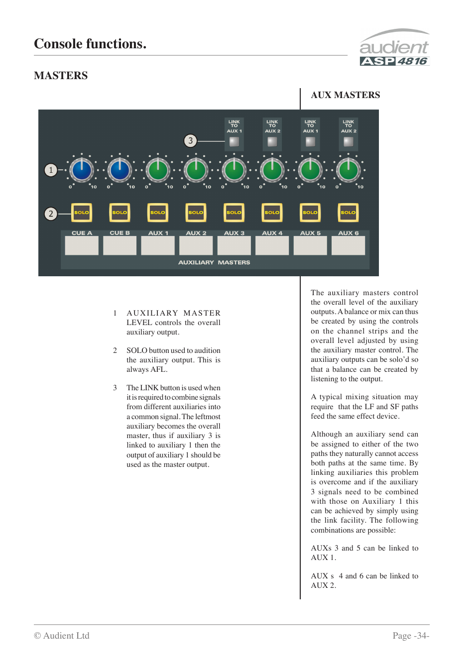 Console functions, Masters | Audient ASP4816 - Compact Analogue Recording Console User Manual | Page 34 / 51
