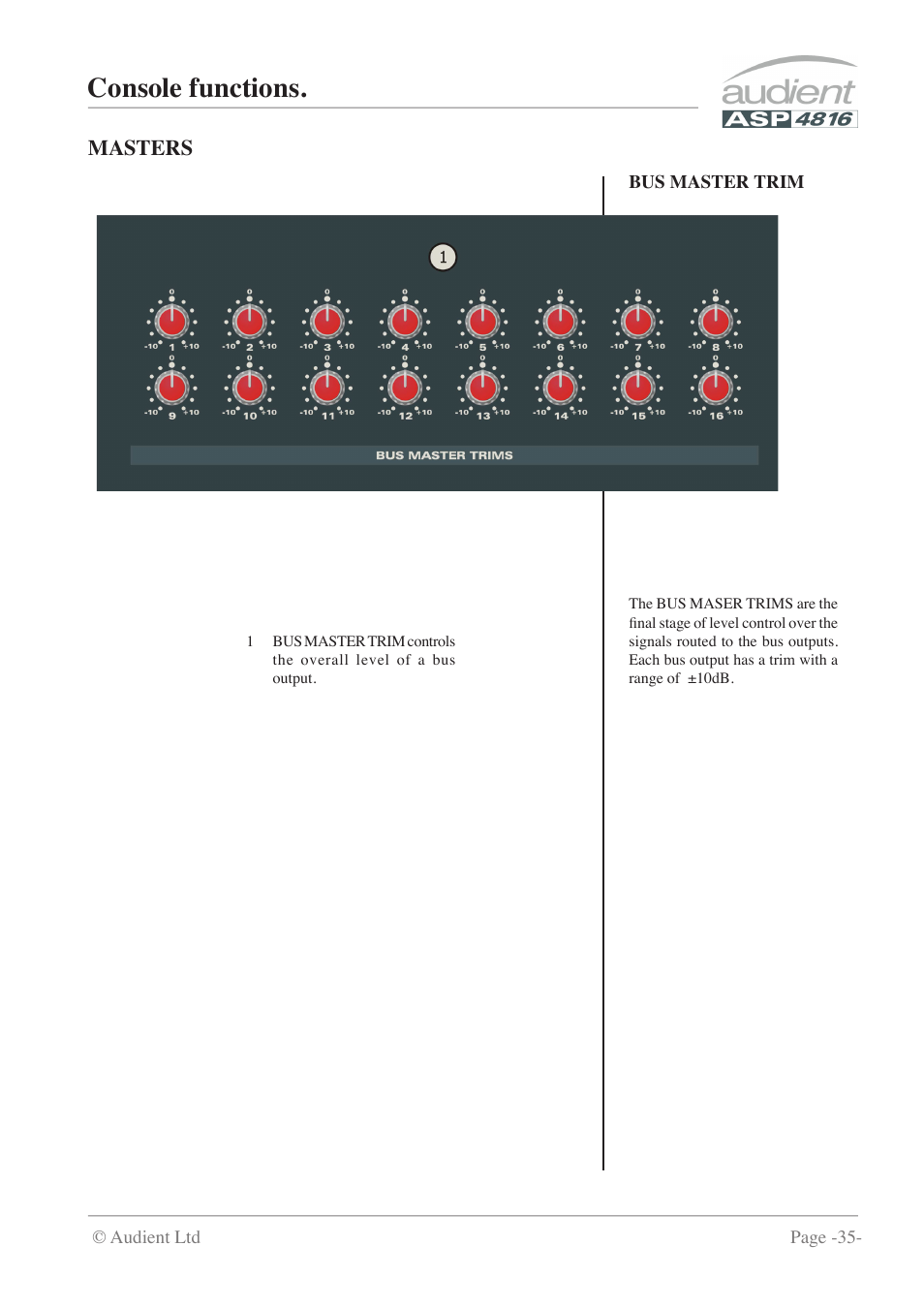 Console functions, Masters | Audient ASP4816 - Compact Analogue Recording Console User Manual | Page 35 / 51