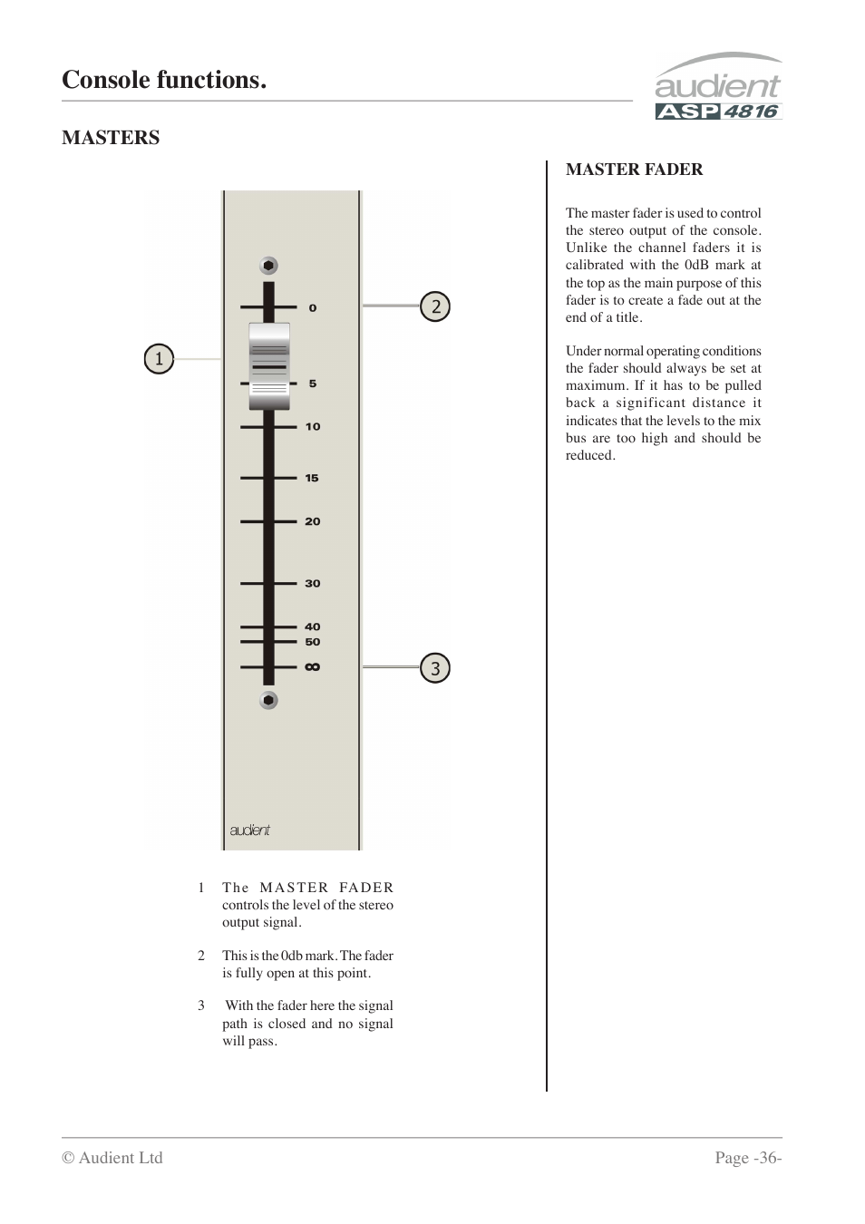 Console functions, Masters | Audient ASP4816 - Compact Analogue Recording Console User Manual | Page 36 / 51