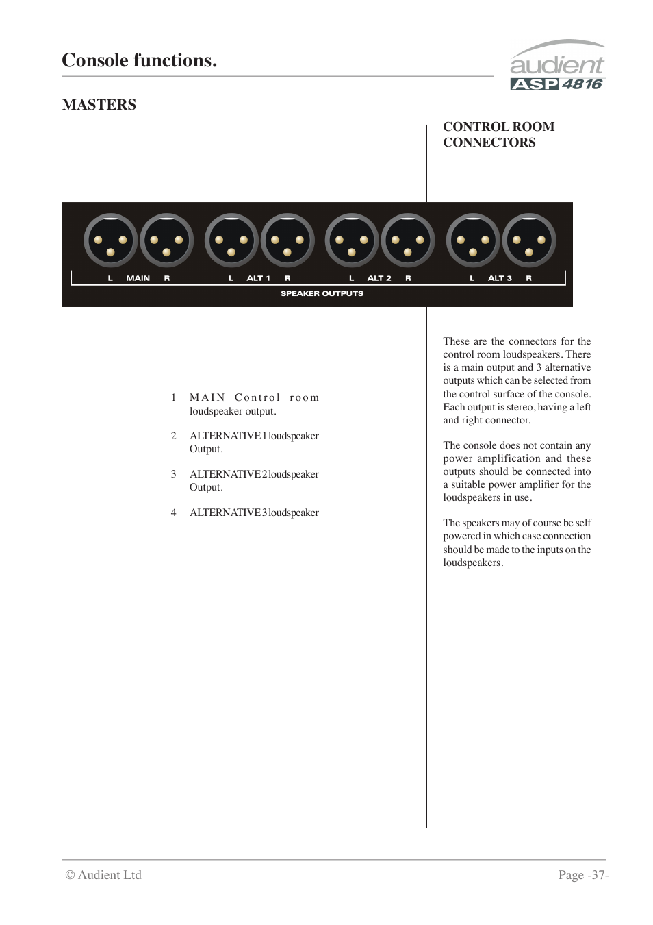 Console functions, Masters | Audient ASP4816 - Compact Analogue Recording Console User Manual | Page 37 / 51