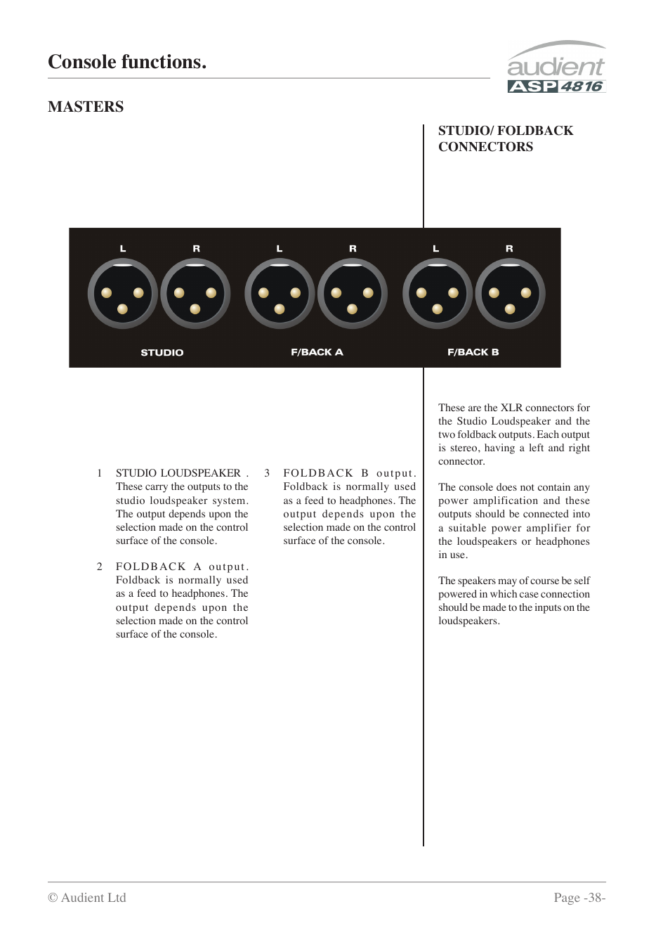 Console functions, Masters | Audient ASP4816 - Compact Analogue Recording Console User Manual | Page 38 / 51