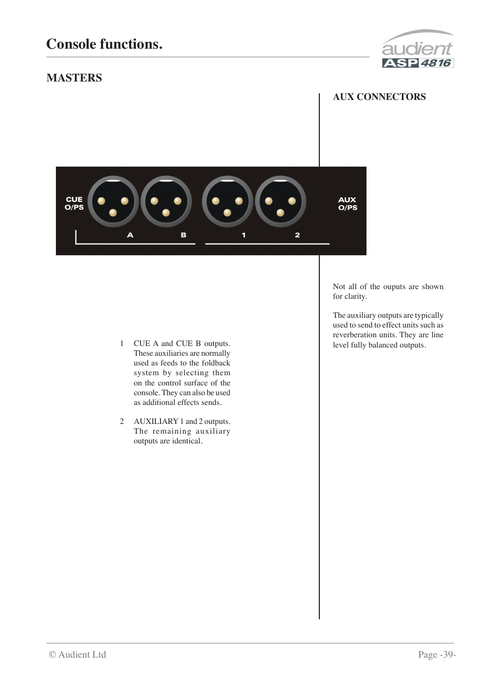 Console functions, Masters | Audient ASP4816 - Compact Analogue Recording Console User Manual | Page 39 / 51