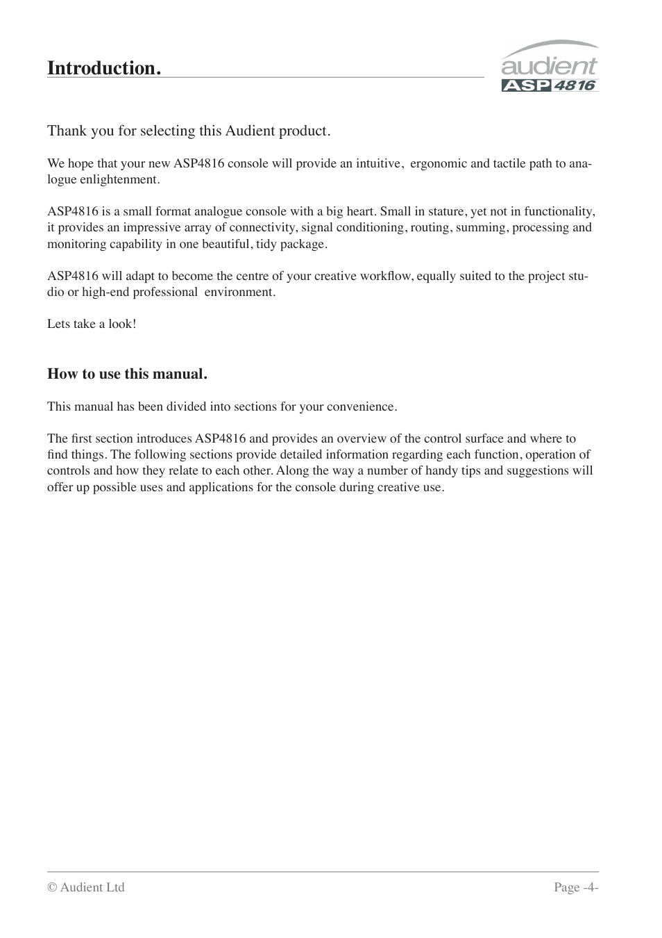 Introduction | Audient ASP4816 - Compact Analogue Recording Console User Manual | Page 4 / 51