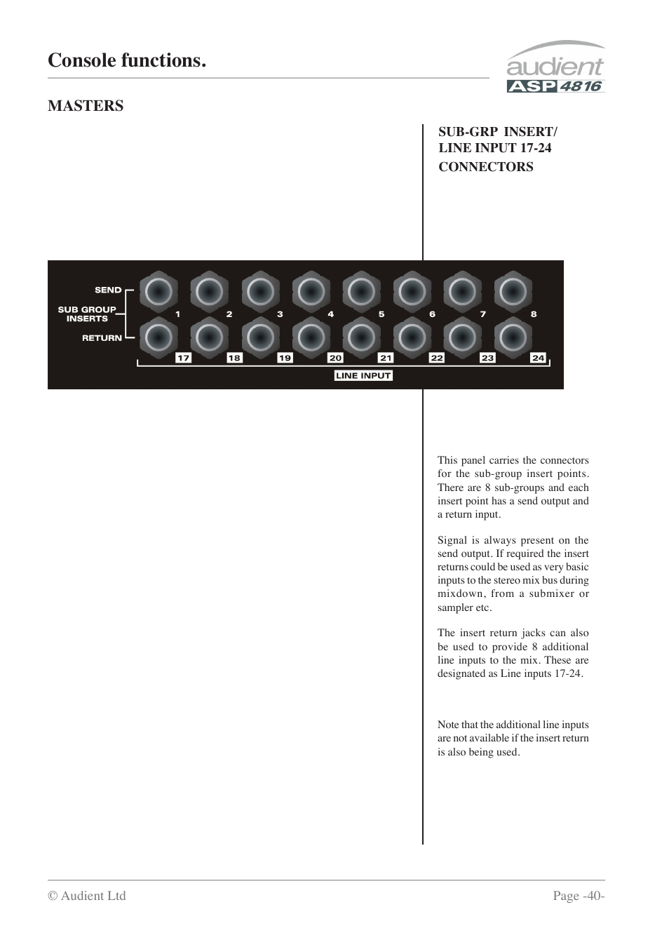 Console functions, Masters | Audient ASP4816 - Compact Analogue Recording Console User Manual | Page 40 / 51