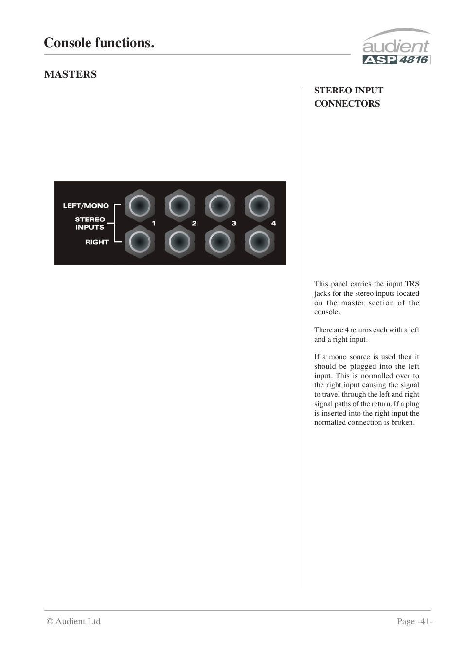 Console functions, Masters | Audient ASP4816 - Compact Analogue Recording Console User Manual | Page 41 / 51