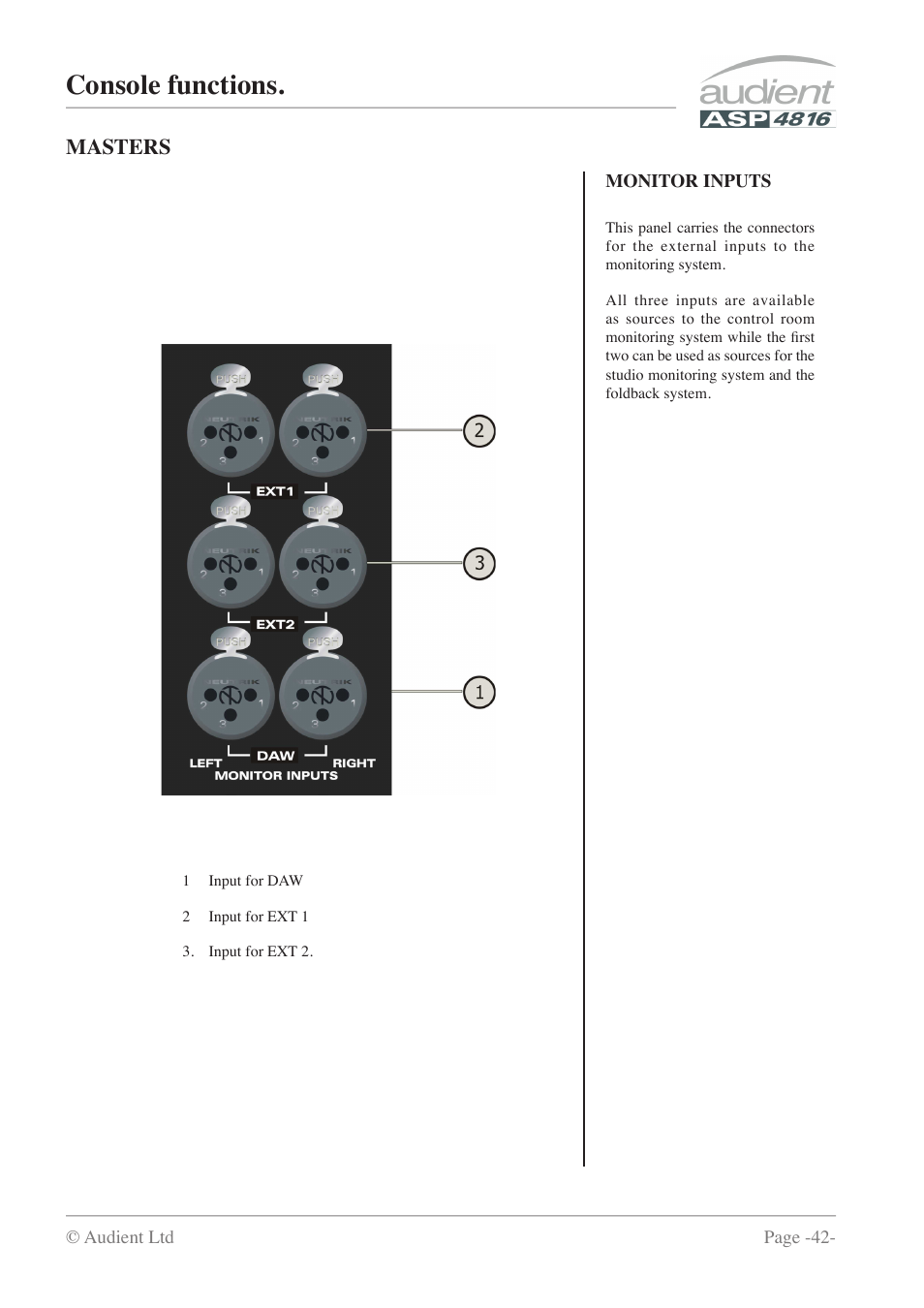 Console functions, Masters | Audient ASP4816 - Compact Analogue Recording Console User Manual | Page 42 / 51