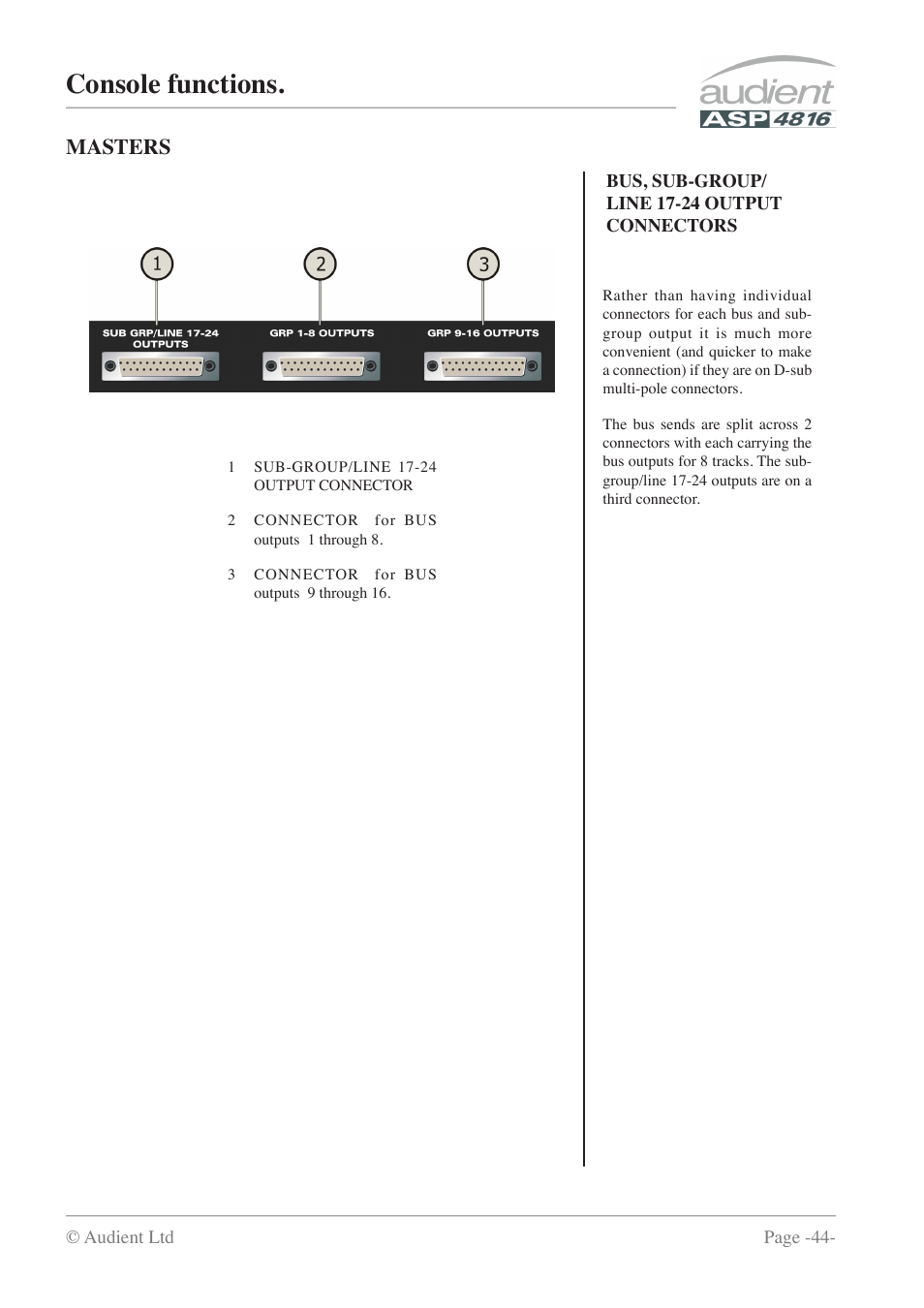 Console functions, Masters | Audient ASP4816 - Compact Analogue Recording Console User Manual | Page 44 / 51