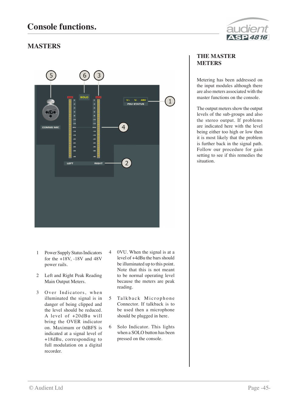 Console functions, Masters | Audient ASP4816 - Compact Analogue Recording Console User Manual | Page 45 / 51