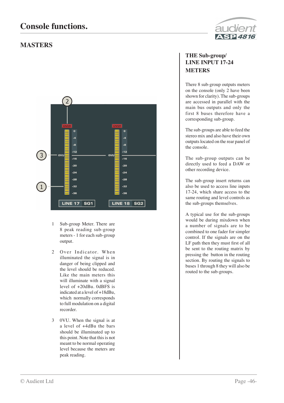 Console functions, Masters | Audient ASP4816 - Compact Analogue Recording Console User Manual | Page 46 / 51