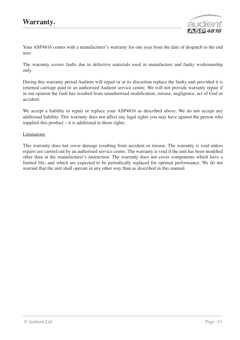 Warranty | Audient ASP4816 - Compact Analogue Recording Console User Manual | Page 51 / 51