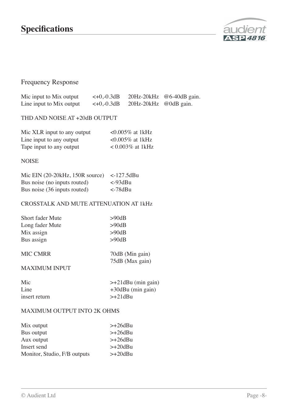 Specifications | Audient ASP4816 - Compact Analogue Recording Console User Manual | Page 8 / 51