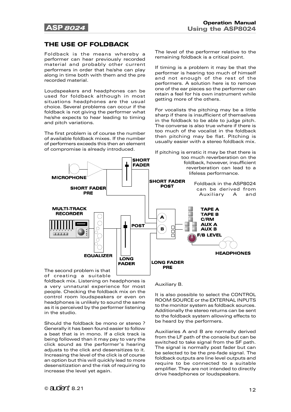 Using the asp8024, The use of foldback | Audient ASP8024 Large Format Recording Console User Manual | Page 12 / 62