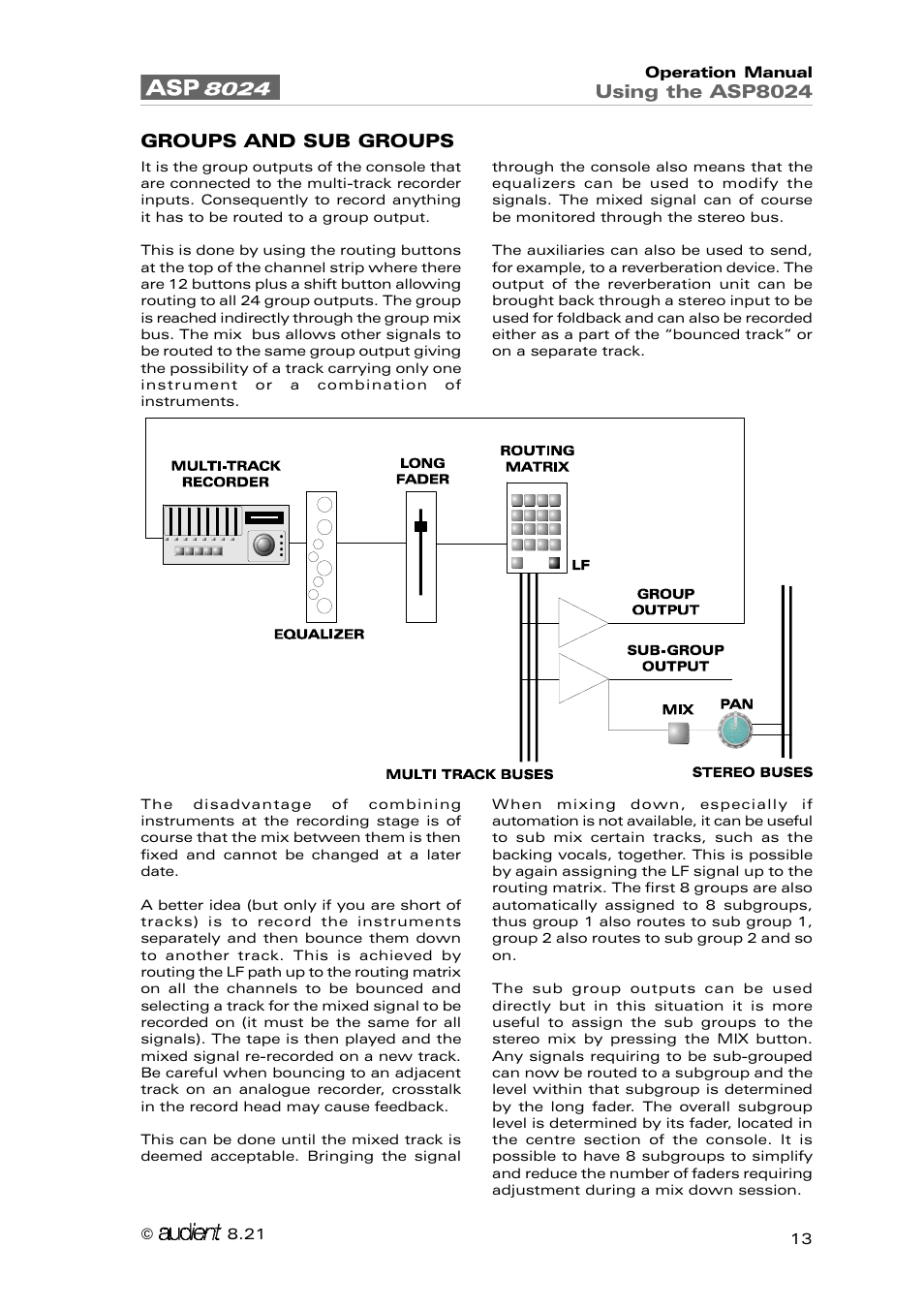 Using the asp8024, Groups and sub groups | Audient ASP8024 Large Format Recording Console User Manual | Page 13 / 62