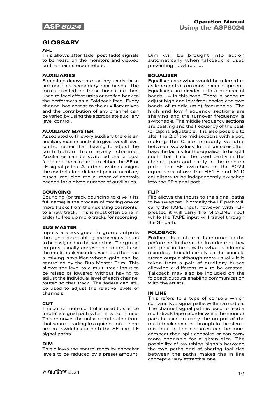 Using the asp8024, Glossary | Audient ASP8024 Large Format Recording Console User Manual | Page 19 / 62