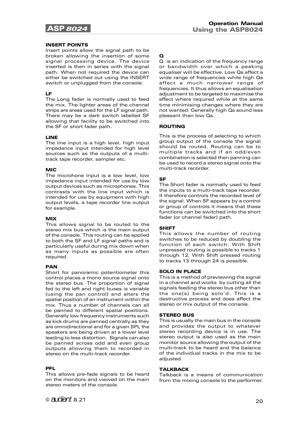 Using the asp8024 | Audient ASP8024 Large Format Recording Console User Manual | Page 20 / 62