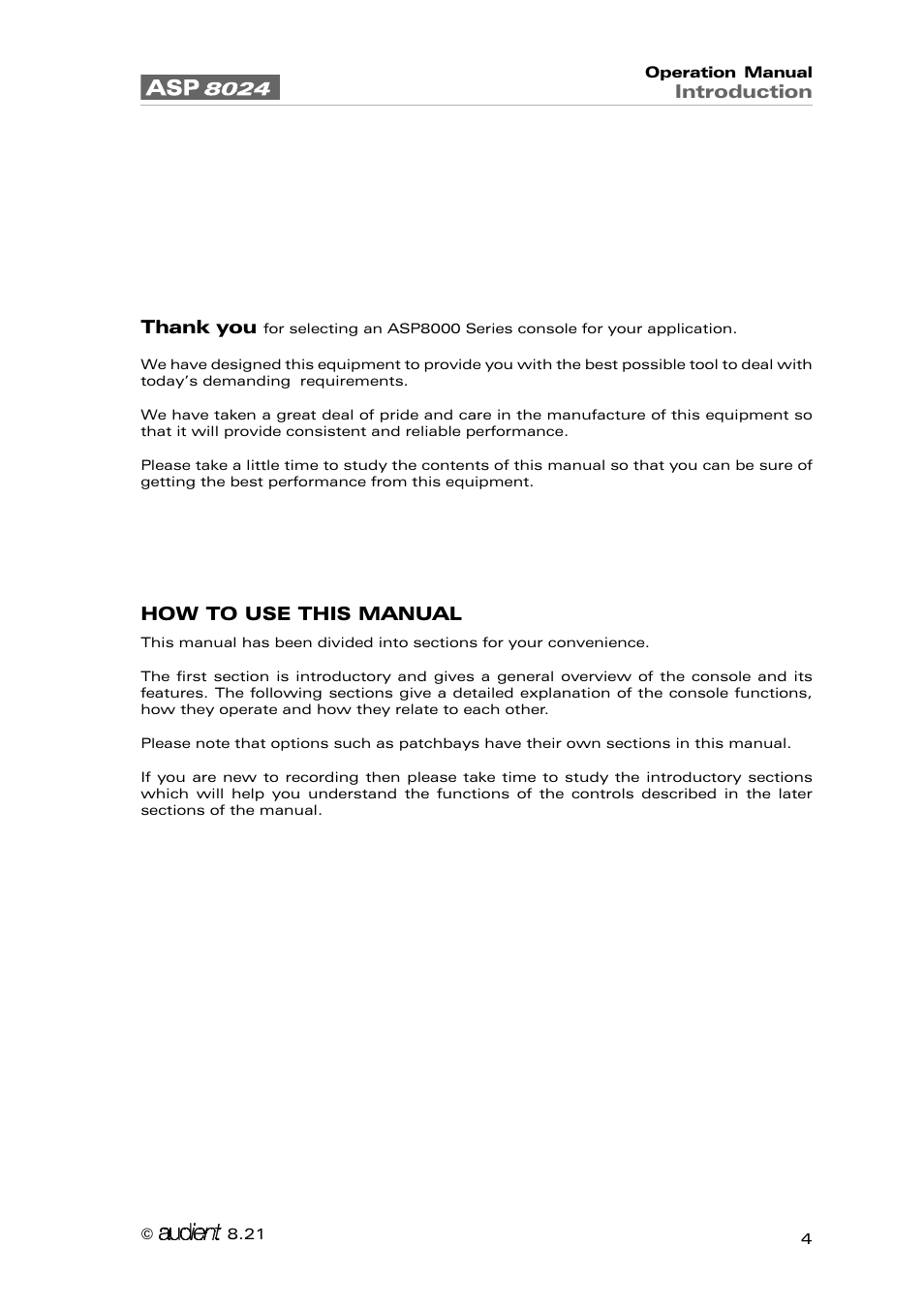 Introduction, How to use this manual | Audient ASP8024 Large Format Recording Console User Manual | Page 4 / 62