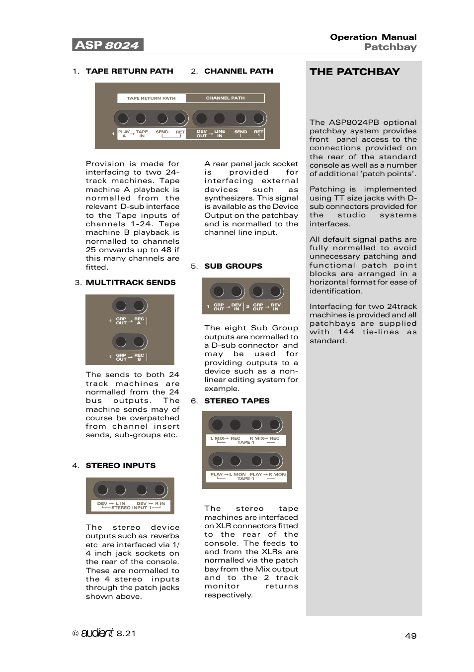 Patchbay, The patchbay, Operation manual 49 | Audient ASP8024 Large Format Recording Console User Manual | Page 49 / 62