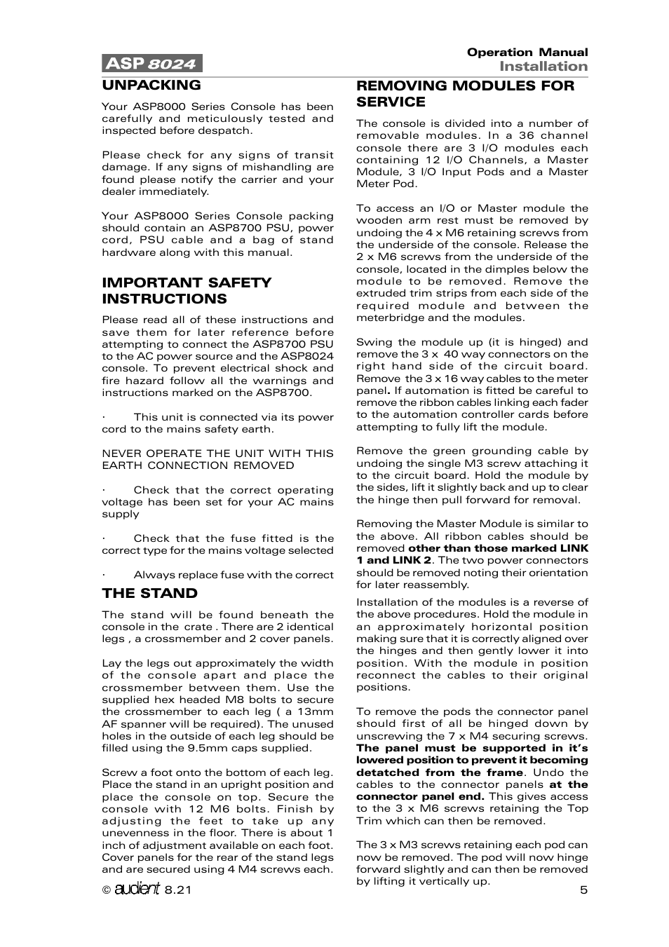 Installation, Unpacking, Important safety instructions | The stand, Removing modules for service | Audient ASP8024 Large Format Recording Console User Manual | Page 5 / 62