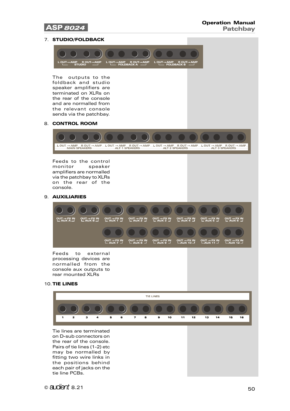 Patchbay, Operation manual 50 | Audient ASP8024 Large Format Recording Console User Manual | Page 50 / 62