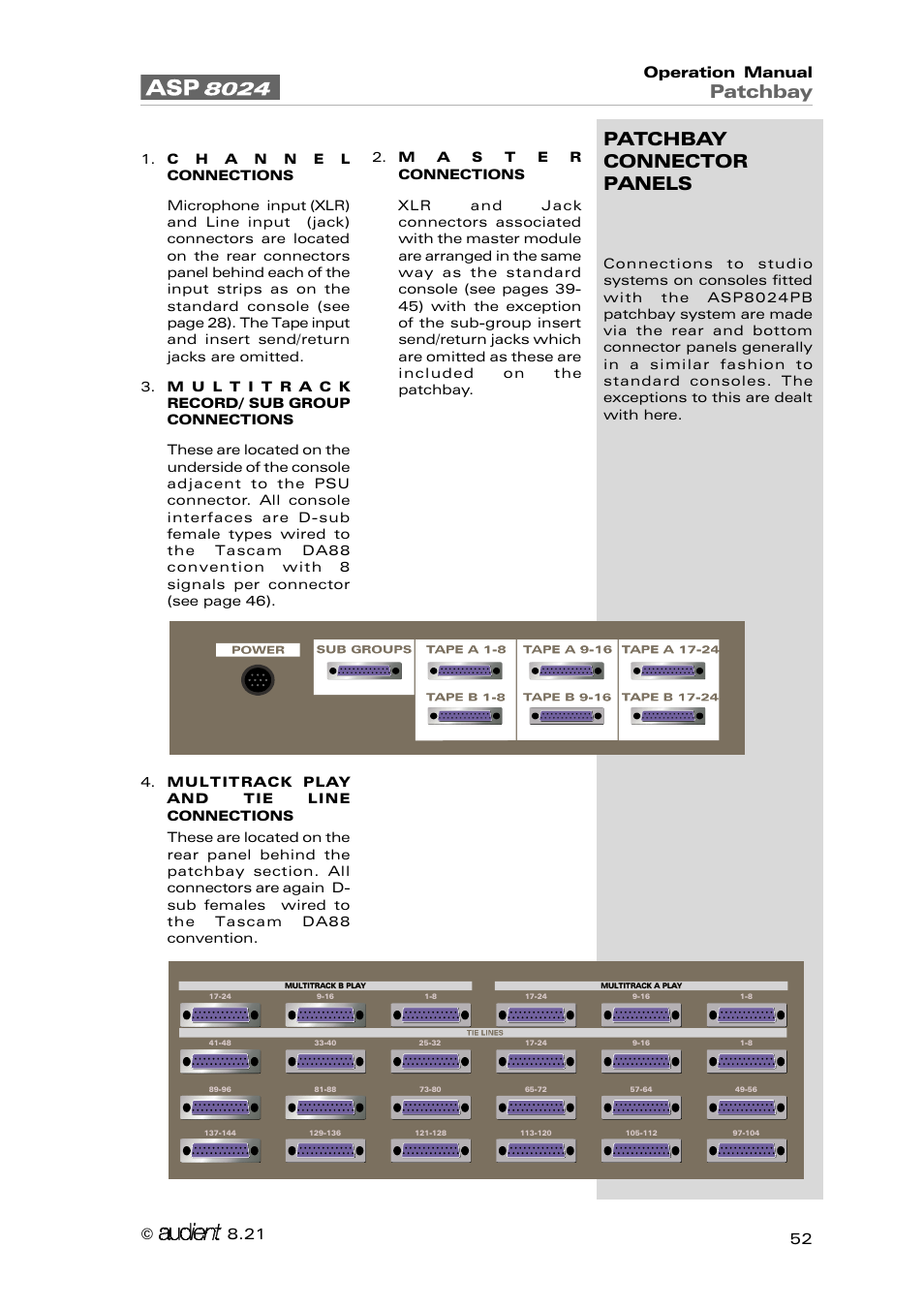 Patchbay, Patchbay connector panels, Operation manual 52 | Audient ASP8024 Large Format Recording Console User Manual | Page 52 / 62
