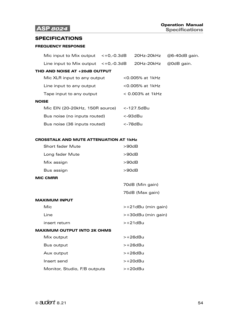 Specifications | Audient ASP8024 Large Format Recording Console User Manual | Page 54 / 62