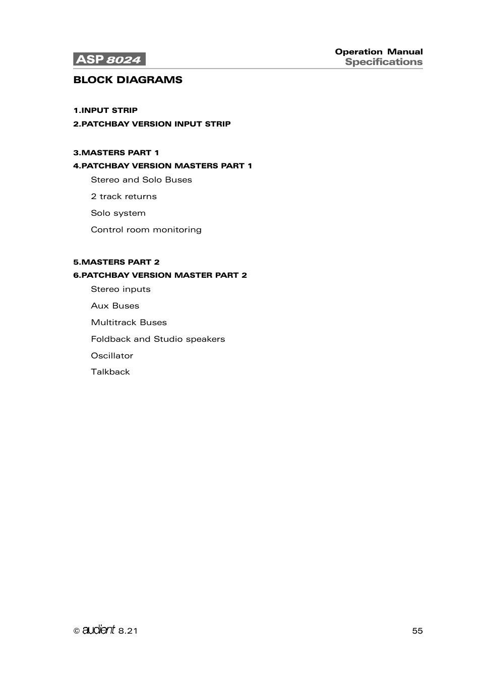 Specifications, Block diagrams | Audient ASP8024 Large Format Recording Console User Manual | Page 55 / 62