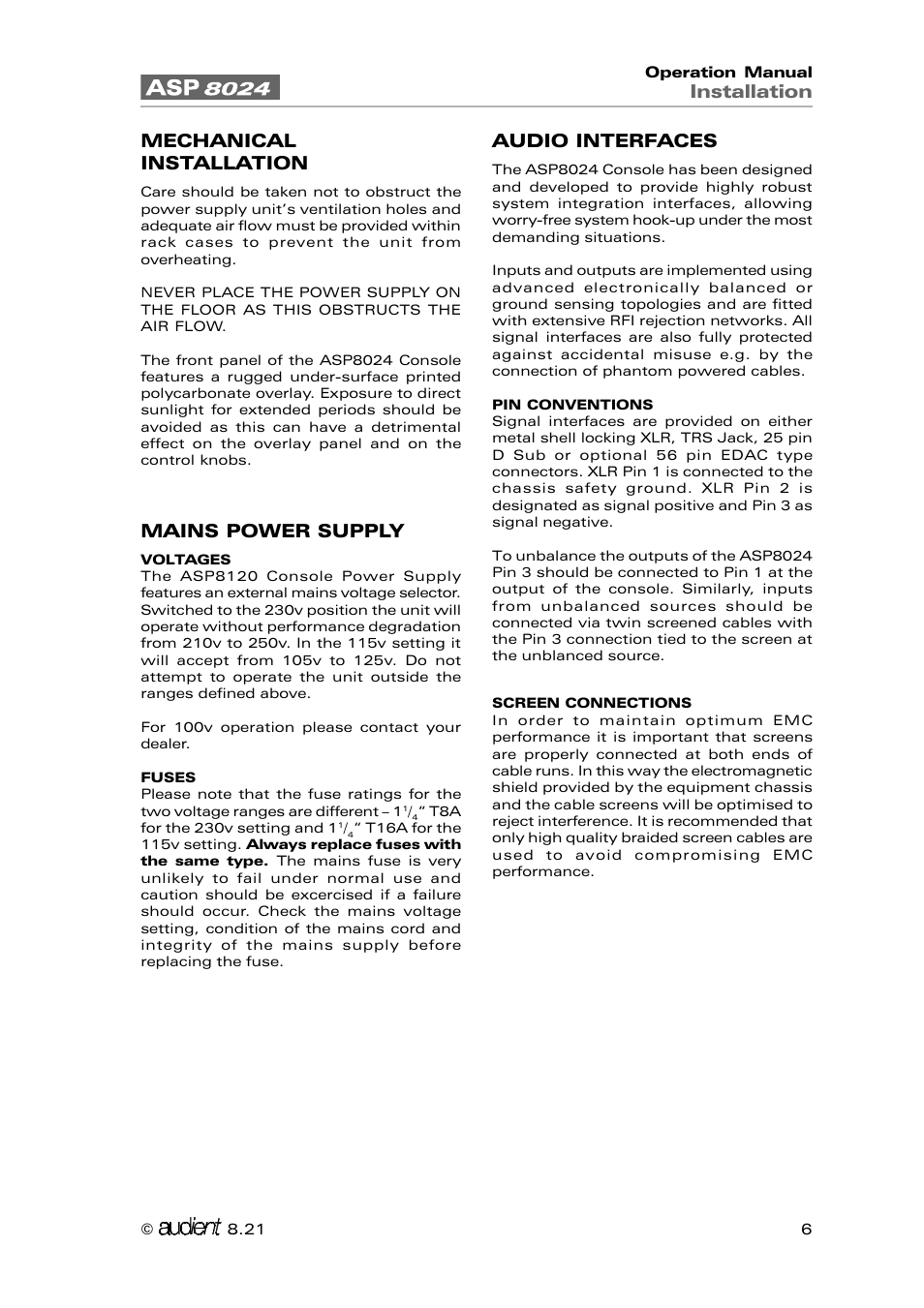 Installation, Mechanical installation, Mains power supply | Audio interfaces | Audient ASP8024 Large Format Recording Console User Manual | Page 6 / 62