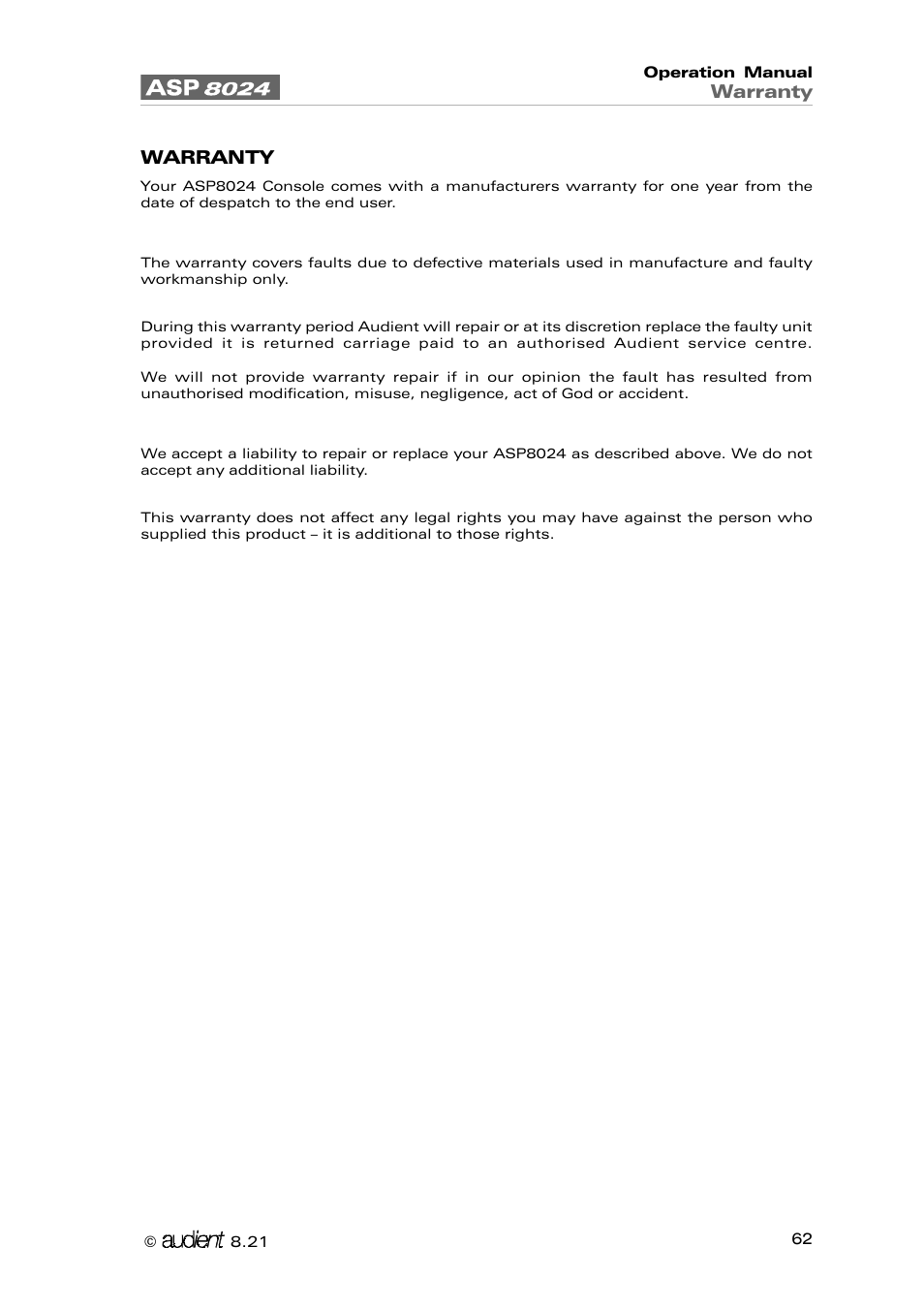 Warranty | Audient ASP8024 Large Format Recording Console User Manual | Page 62 / 62