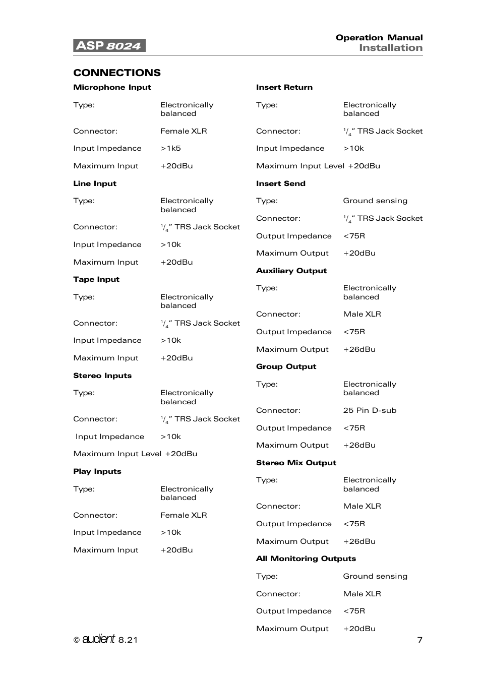 Installation, Connections | Audient ASP8024 Large Format Recording Console User Manual | Page 7 / 62