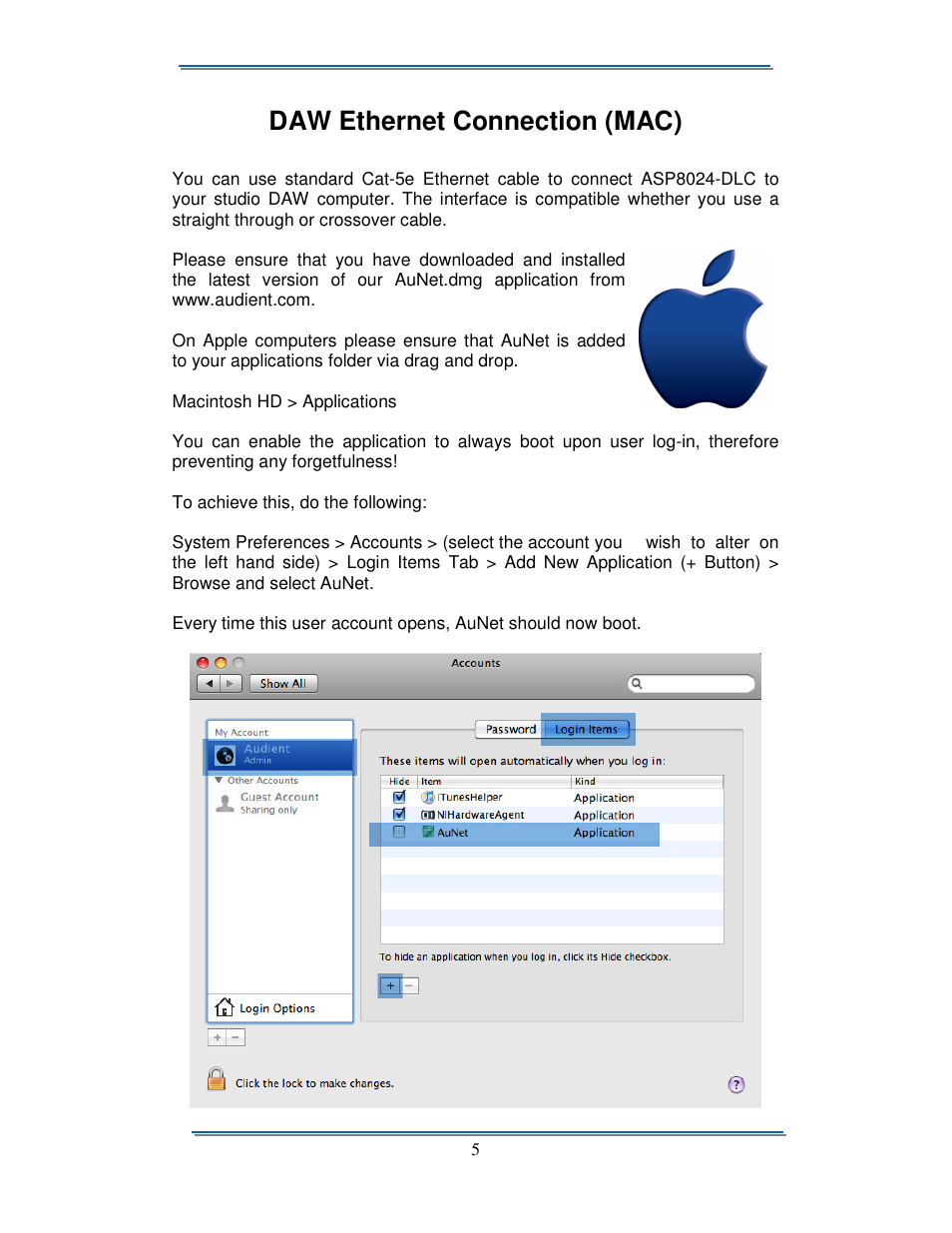 Daw ethernet connection (mac) | Audient ASP8024 Dual Layer Control Module User Manual | Page 5 / 16