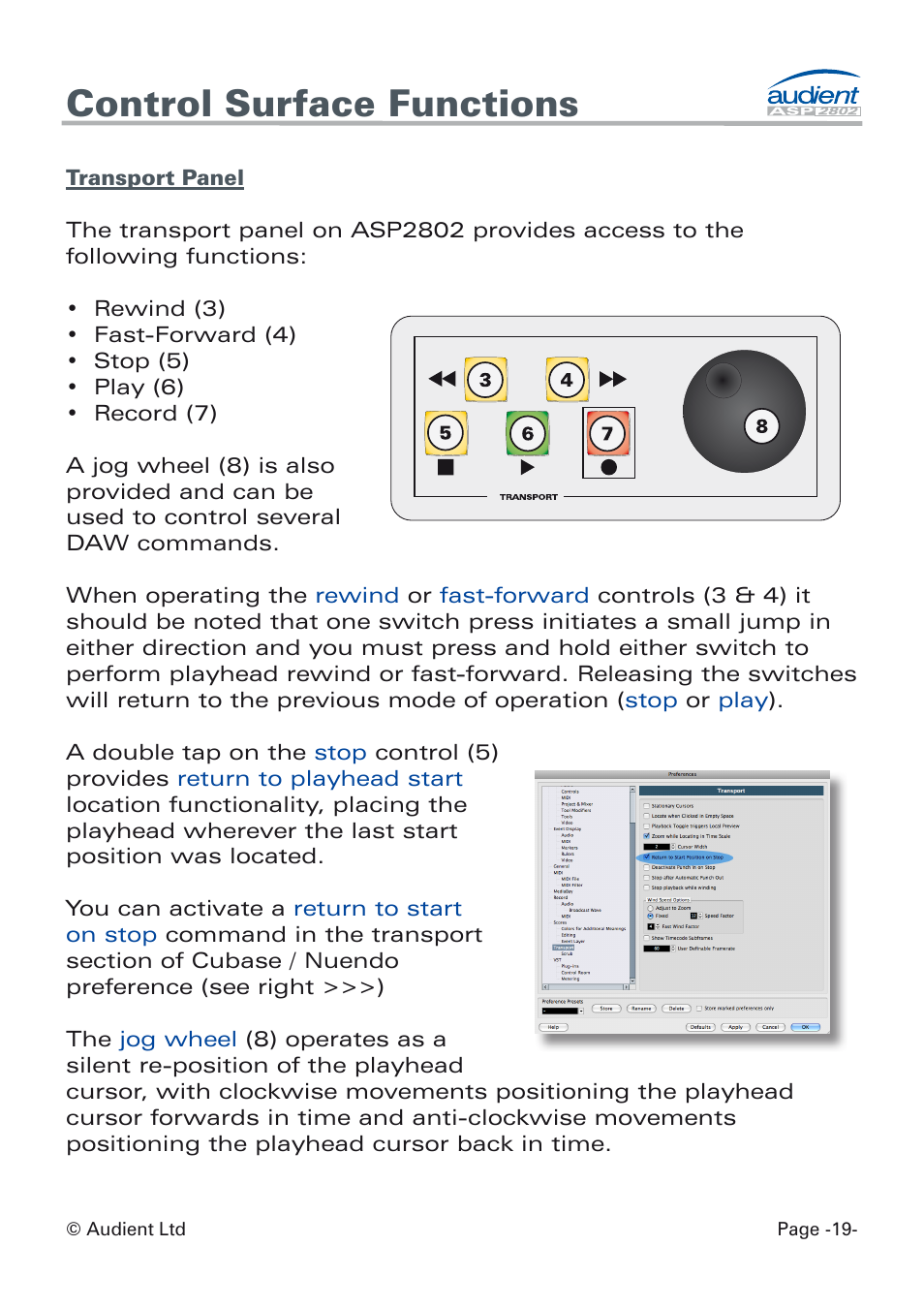 Transport panel, Control surface functions | Audient ASP8024 Dual Layer Control Module User Manual | Page 19 / 39