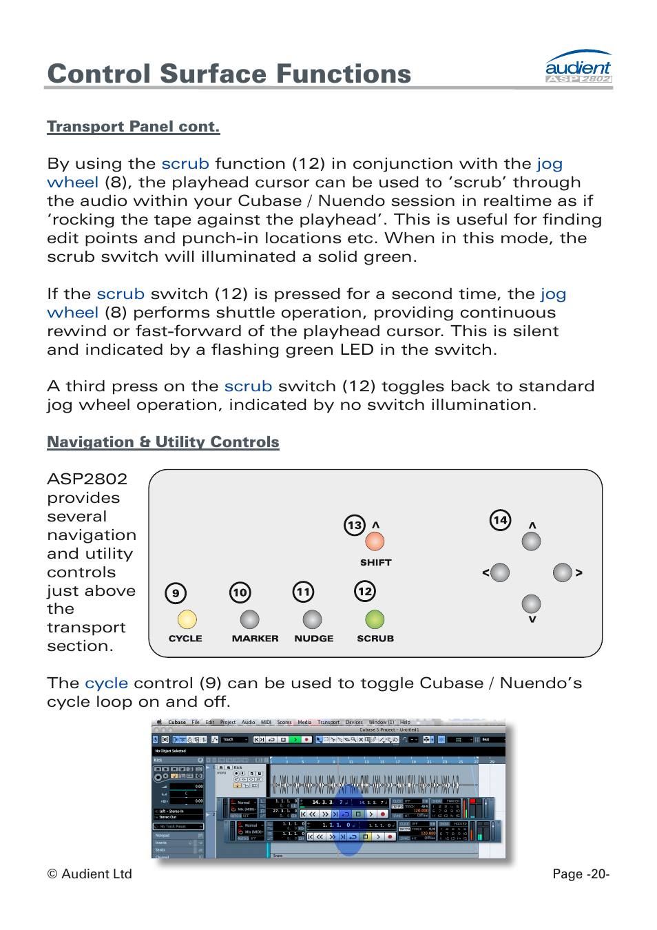 Navigation + utility controls, Cycle, Control surface functions | Audient ASP8024 Dual Layer Control Module User Manual | Page 20 / 39