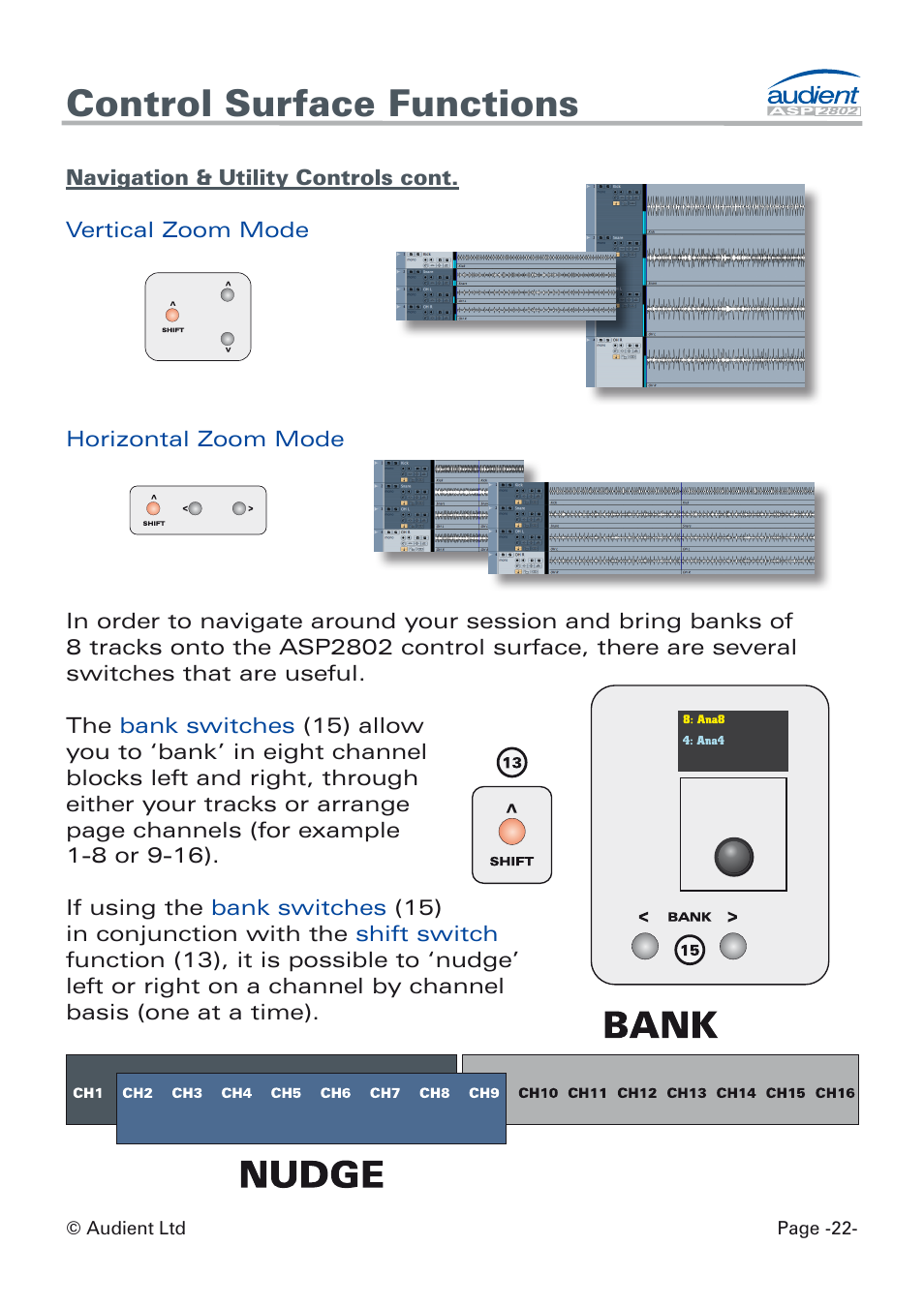 Track navigation + zoom, Control surface functions | Audient ASP8024 Dual Layer Control Module User Manual | Page 22 / 39